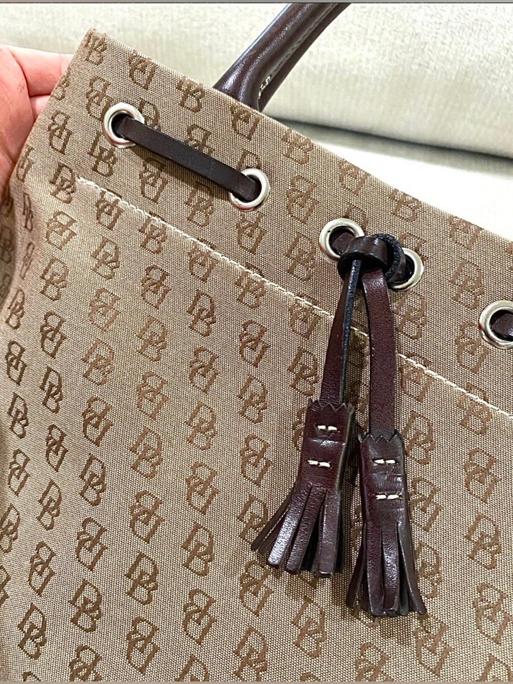 DOONEY &  BOURKE USED 2x Monogram Brown Canvas Mini Tassel Tote  11x8x4 - Picture 3 of 9